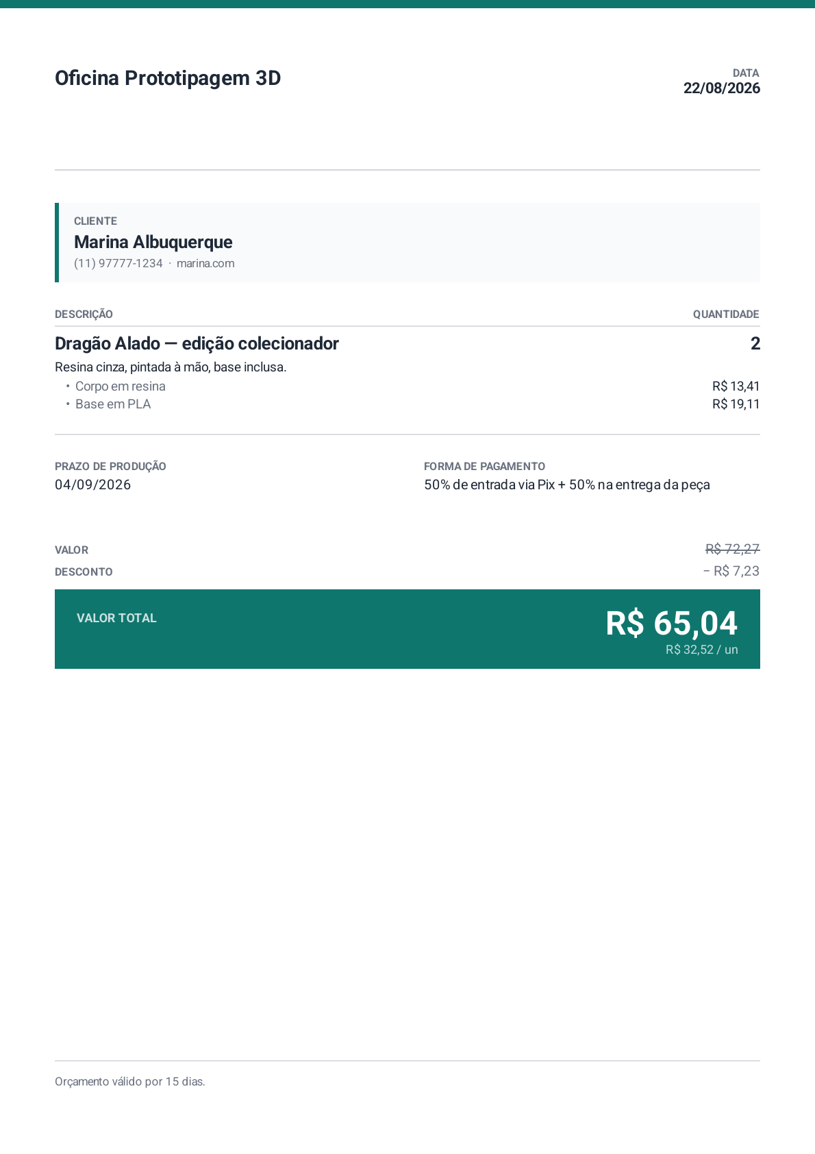 Orçamento em PDF pronto para enviar ao cliente, com valor de cada parte da peça, prazo e total