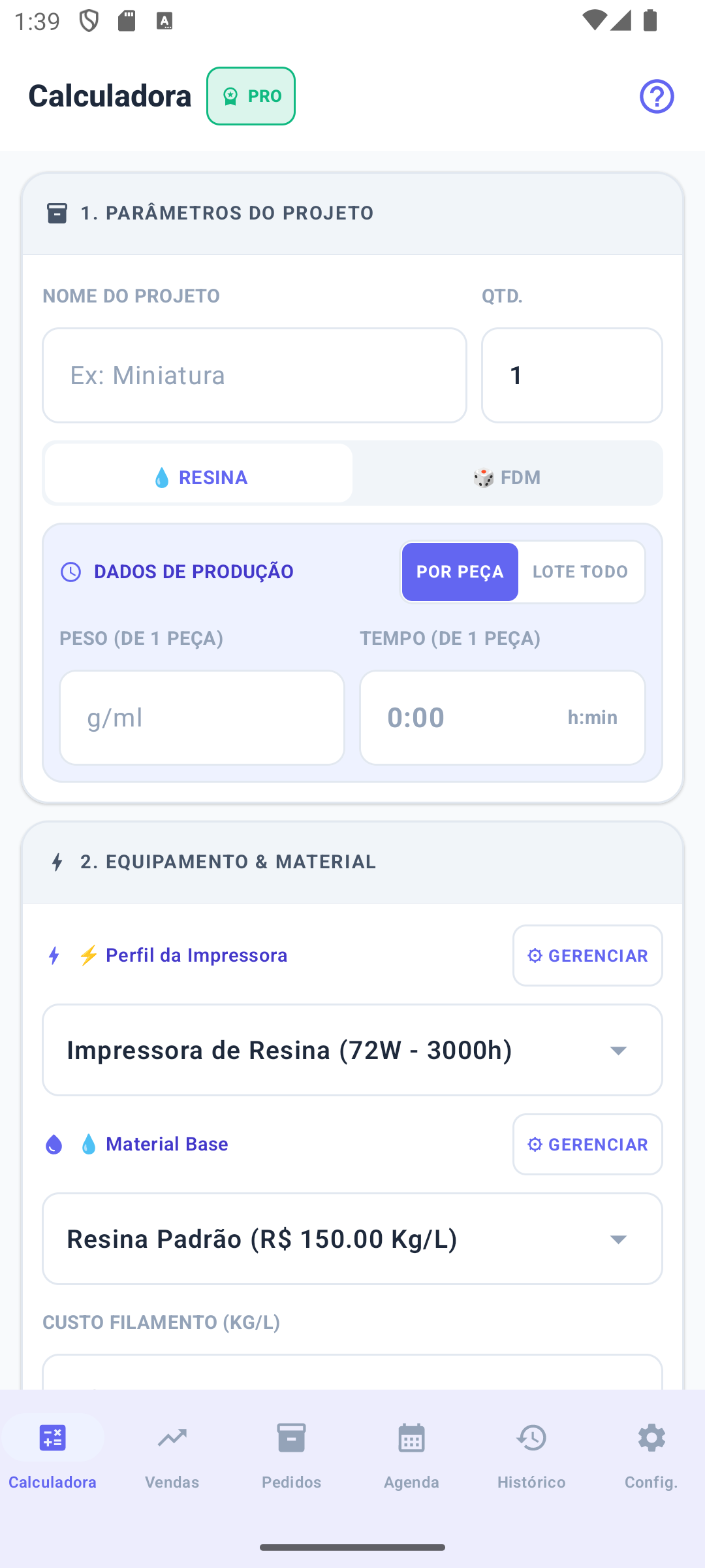 Tela de entrada do Calc 3D com nome do projeto, escolha entre resina e FDM, peso, tempo de impressão, perfil da impressora e material