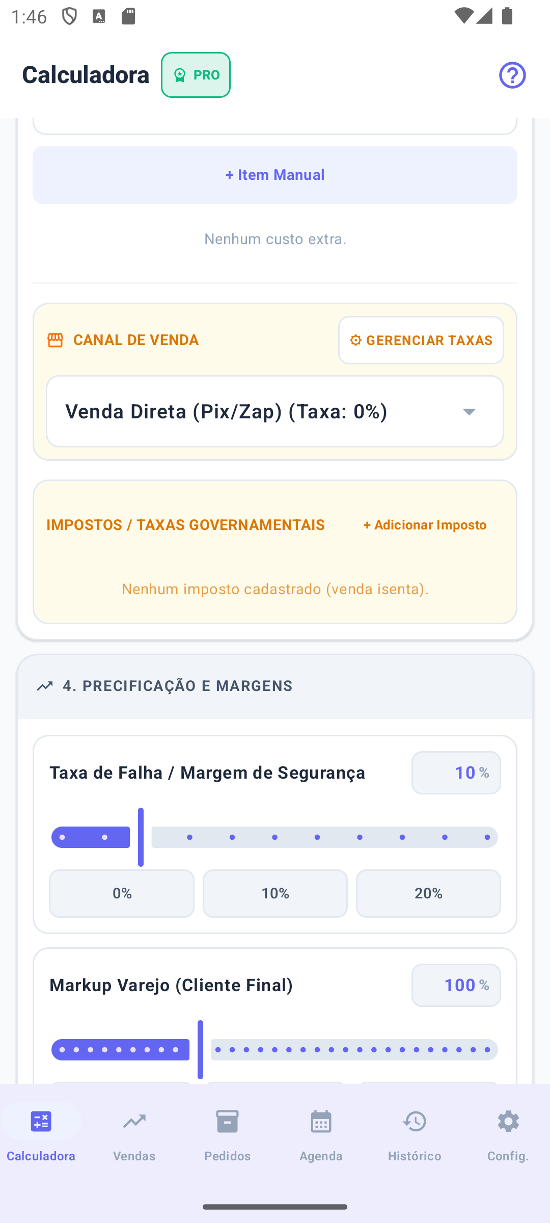 Tela do Calc 3D com canal de venda, impostos, taxa de falha e markup de varejo