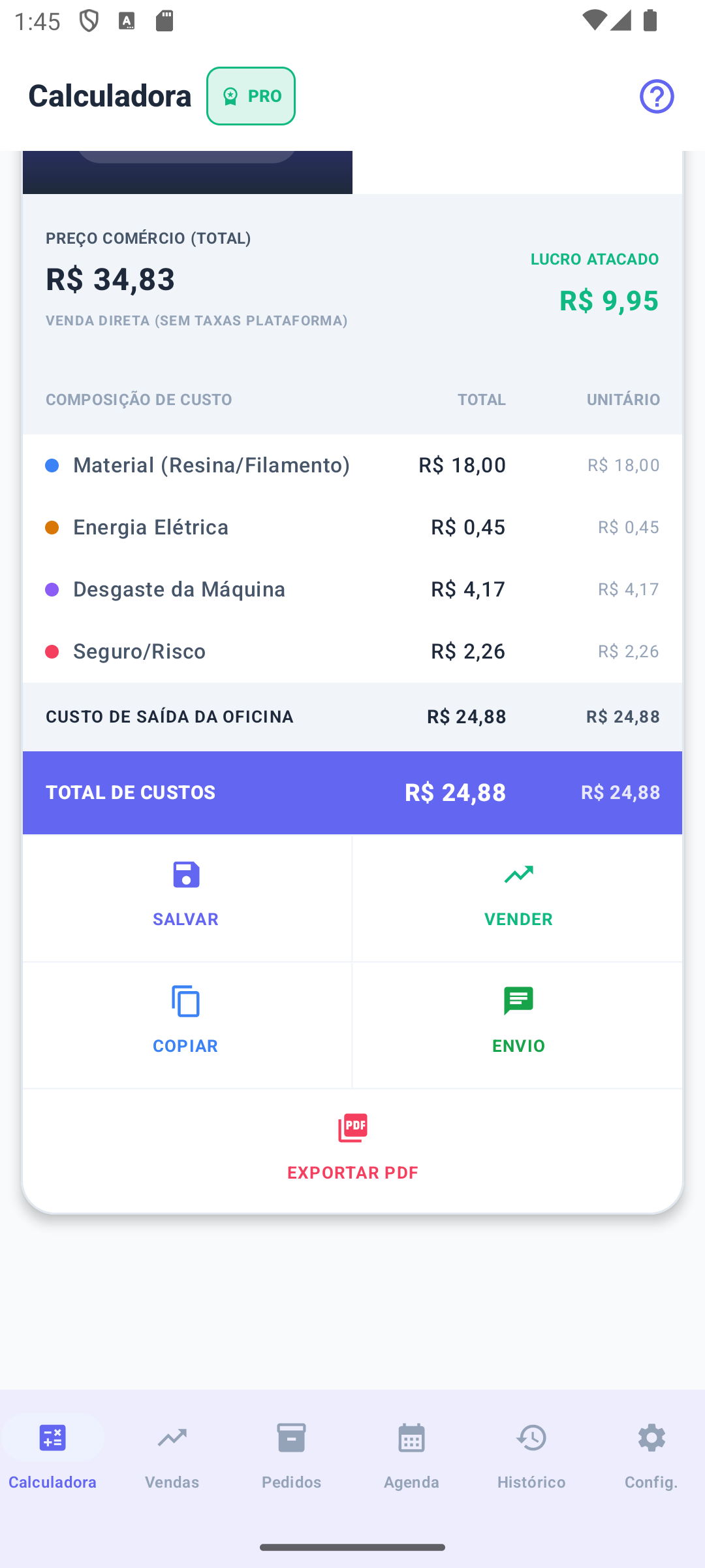 Tela do Calc 3D mostrando preço de comércio de R$ 34,83, lucro de R$ 9,95 e a composição de custo separada em material, energia elétrica, desgaste da máquina e seguro contra risco